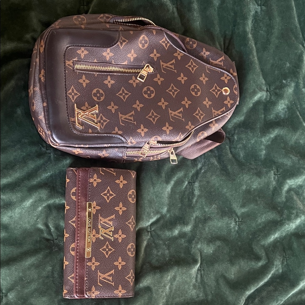 Luxury Brown Monogram Backpack and Wallet Set